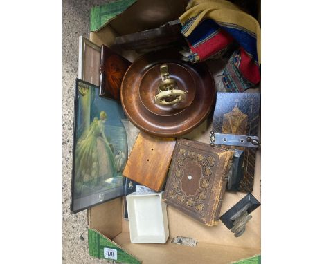 CARTON WITH ANEROID BAROMETER, NUT CRACKER DISH, VINTAGE PHOTO ALBUM, TIE PRESS & OTHER BRIC-A-BRAC