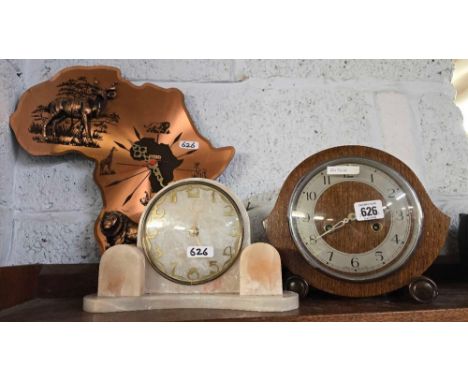 OAK CASED MANTEL CLOCK, A CLOCK IN THE SHAPE OF AFRICA & A MARBLE MANTEL CLOCK