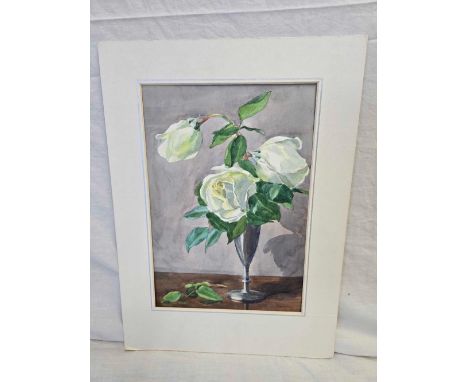 WATERCOLOUR STILL LIFE OF WHITE ROSES IN A SILVER GOBLET,  UNFRAMED 14 X 10”