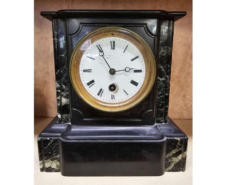 SMALL SLATE MANTLE PIECE CLOCK, CHIP TO ENAMEL DIAL