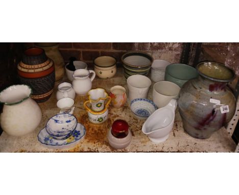 SHELF WITH MISC VASES, BOWLS & JUGS, SMALL POTS