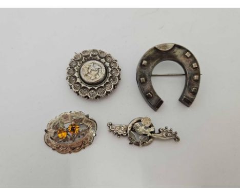 3 SILVER BROOCHES, HORSESHOE, THISTLE ETC