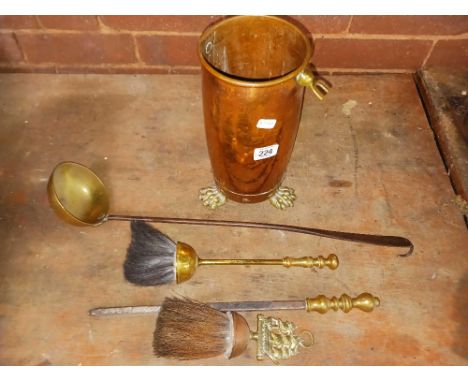 COMPANION SET IN A COPPER POT & A BRASS & WROUGHT IRON LADLE