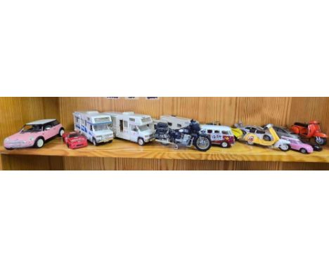 SHELF OF MISC DIE CAST & OTHER TOYS INCL; CAMPER VANS