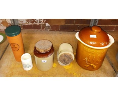 SHELF WITH GLAZED JAR WITH CORK STOPPER, KITCHEN SALT SELLER, STONE GLAZED BREAD BARREL & A PASTA CONTAINER