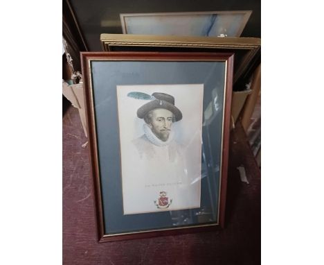 CARTON WITH VARIOUS F/G PRINTS, WATERCOLOURS, PENCIL DRAWING OF A NUDE & AN ANTIQUE ENGRAVING OF SIR WALTER RALEIGH