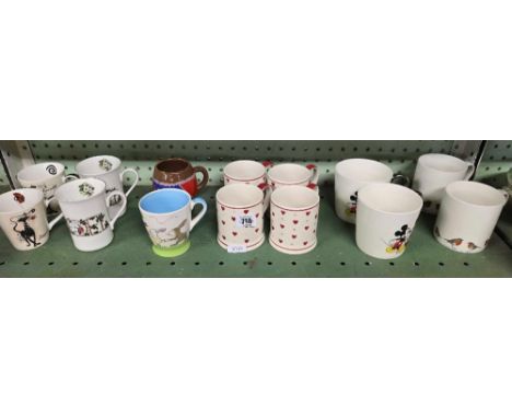 SHELF OF MUGS, MICKEY MOUSE, HEART SHAPED ETC