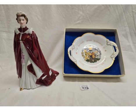 ROYAL WORCESTER FIGURE 'IN CELEBRATION OF THE QUEENS 80TH BIRTHDAY 2006' & A SILVER JUBILEE DISH IN BOX