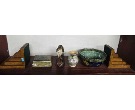 SHELF OF CHINAWARE, BOOKENDS ETC