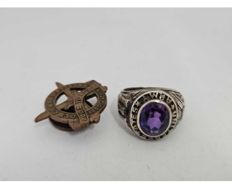 STERLING SILVER UNITED STATES ARMY RING SET WITH AMETHYST STONE, SMALL CHIP TO STONE & AN OLD CONTEMPTIBLE'S ASSOCIATION LAPE