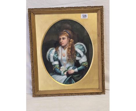 OIL ON PANEL. PORTRAIT OF A SEATED LADY IN ELIZABETHAN DRESS HOLDING A FLOWER. OVAL,  17 X 14”
