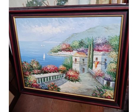 F/G WATERCOLOUR OF A TREE & SEASCAPE SCENE & 3 OTHERS POSSIBLY OIL ON CANVAS & BOARD
