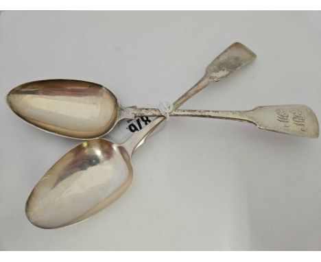 2 EXETER SILVER FIDDLE PATTERN TABLE SPOONS, 1824 & 1825 BY GT & SL, 138g