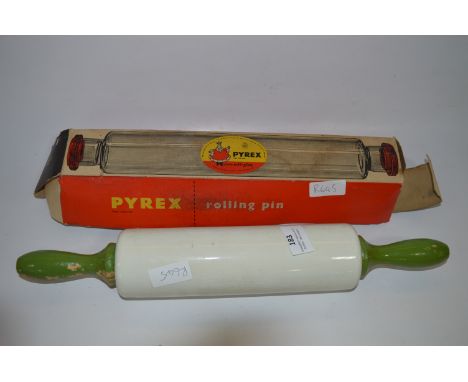 Nut Brown Pottery Rolling Pin and a Pyrex Rolling Pin 