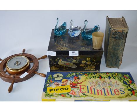 Pifco Elfinlites, Ships Wheel Barometer, Beatons Cookbook, Glassware and a Tin 