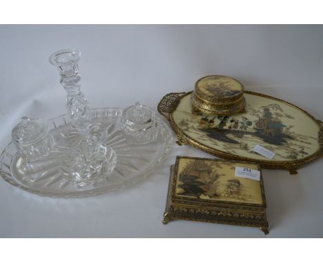 Glass Dressing Table Set, Oriental Brass Tray, Trinket Box and a Powder Box 