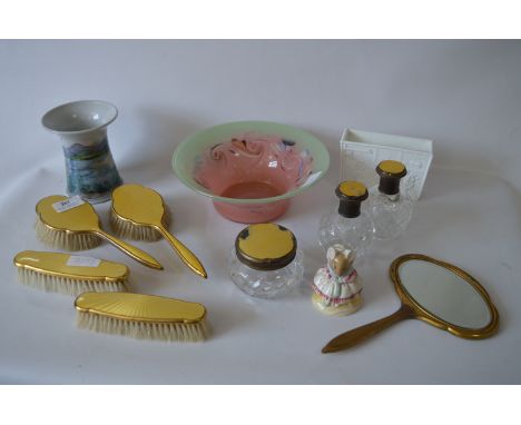 Yellow Cloisonne Enamel Vanity Set, Coloured Glass Bowl, Two Vases and a Mouse Ornament