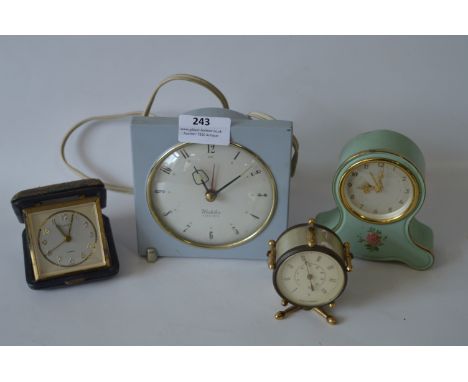 Two Metal Mantel Clocks, Travelling Clock and a Small Barometer 