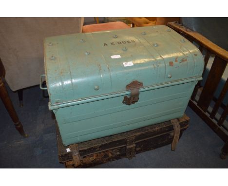 Green Painted Tin Trunk and a Black Tin Trunk 