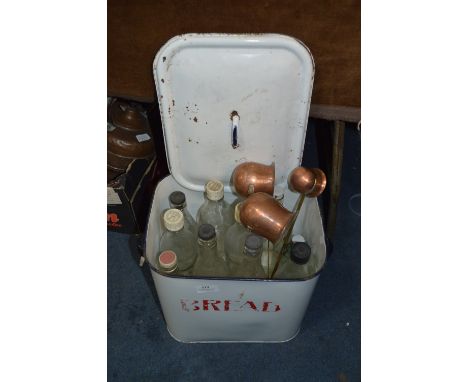 White Enamel Bread Bin, Lemonade Bottles and Copper Measuring Jugs 