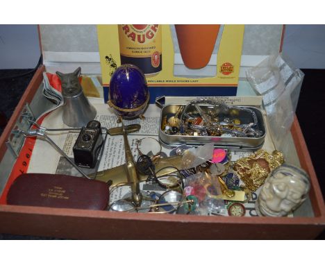 Tray Lot of Collectables Including Coronet Midget Camera, Spectacles, Costume Jewellery, Enamel Pin Badges, Scent Bottle, etc