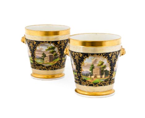 A Pair of Paris Porcelain Cache Pots and Stands, circa 1830, of tapering cylindrical form with mask handles, painted with cou