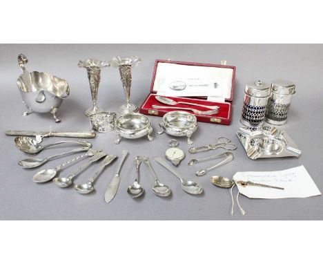 A Collection of Assorted Silver and Silver Plate, the silver including a pair of pierced salt and pepper shakers; an ashtray;