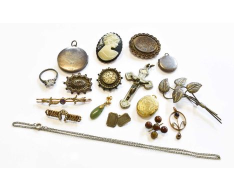 A Quantity of Jewellery, including a seed pearl horseshoe bar brooch, stamped '15'; an amethyst and seed pearl bar brooch, st