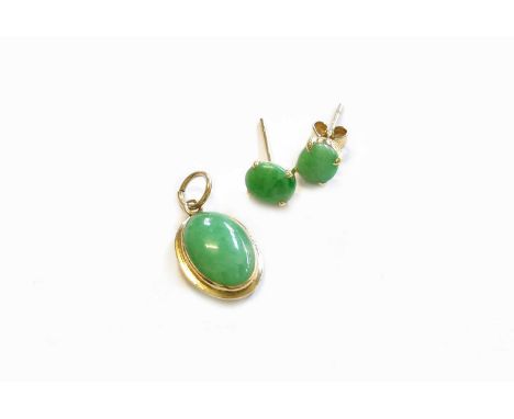 A Jade Pendant, stamped '14K', length 2.3cm; and A Pair of Jade Earrings, with post fittingsPendant - 2.0 grams. Earrings - 1