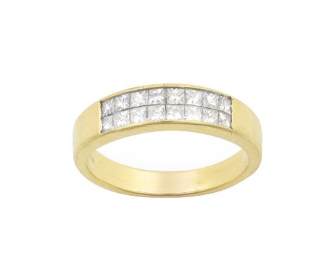 A Diamond Half Hoop Ring, two rows of princess cut diamonds in yellow channel settings, to a plain polished shank, total esti