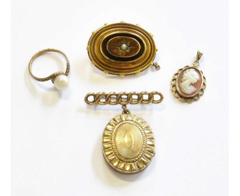 A Victorian Split Pearl Brooch, unmarked, length 3.5cm; A 9 Carat Gold Cultured Pearl Ring, finger size O1/2; A Cameo Pendant