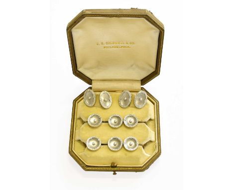 A Pair of Cultured Pearl Cufflinks and Six Buttons, casedStamped '14'/'14KT', in our opinion would test as platinum fronted g