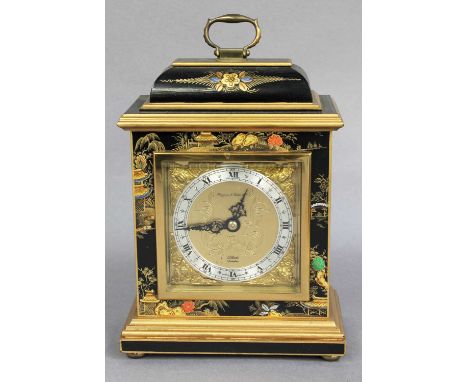 A Black Japanned Mantel Timepiece, dial signed Elliott London and retailed by Mappin &amp; Webb Ltd, 23cm high over handleLac