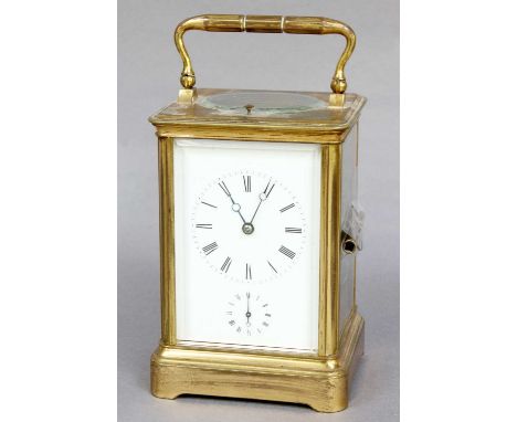 A Brass Strike and Repeat Alarm Carriage Clock, circa 1900, 18cm high over handleMovement in going order.