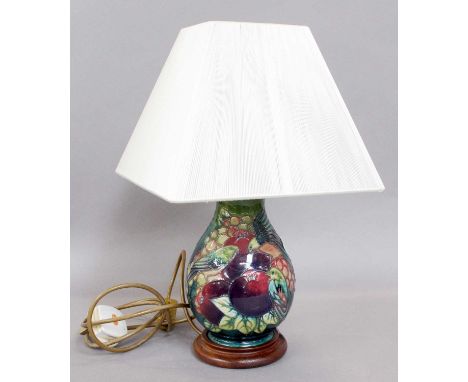 A Modern Moorcroft Table Lamp, Finches pattern, designed by Sally Tuffin, 26cm high incl. light fitting