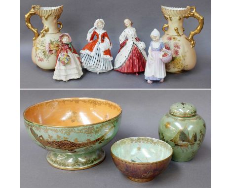 A Pair of Royal Worcester Blush Ware Coral Formed Ewers; together with a Wedgwood butterfly lustre bowl; two similar Devon Lu