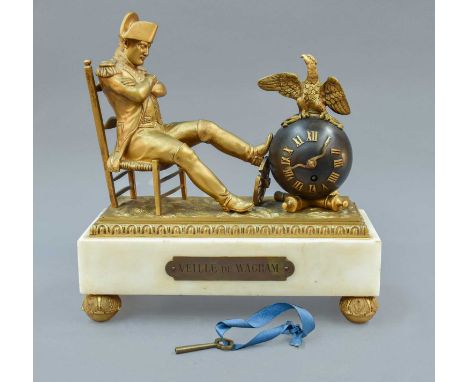 A Gilt Metal and Marble Mantel Timepiece Surmounted With a Figure of Napoleon Seated, circa 1900, the sphere dial adorned by 