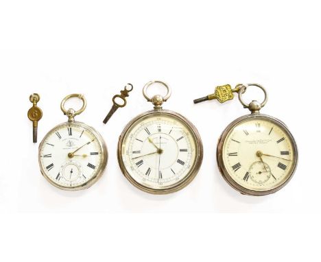 Two Silver Open Faced Pocket Watches, and a Silver Chronograph Open Faced Pocket Watch, (3)