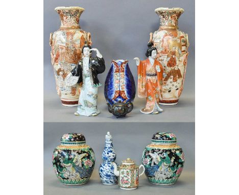 A Quantity of 19th Century and Later Chinese and Japanese Ceramics, including a pair of famille noir ginger jars and covers, 