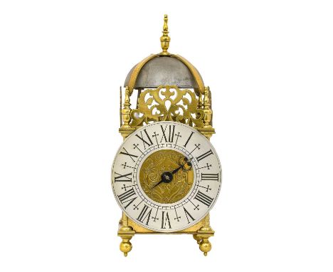 A Late 17th Century Style Lantern Clock, 20th Century, four posted case with pierced front and side frets, side doors, 6-3/4-