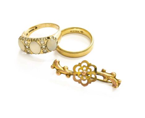 A 9 Carat Gold Band Ring, finger size N; A 9 Carat Gold Opal and White Stone Ring, finger size O (a.f.); and A Brooch, stampe