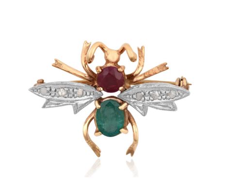 An Emerald, Ruby and Diamond Brooch, realistically modelled as an insect, the body formed of a round cut ruby and an oval cut