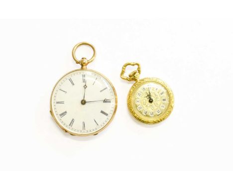 A Lady's 14 Carat Gold Enamel Fob Watch, case stamped 14k, and a Lady's 18 Carat Gold Fob Watch, retailed by Bucherer, (2)