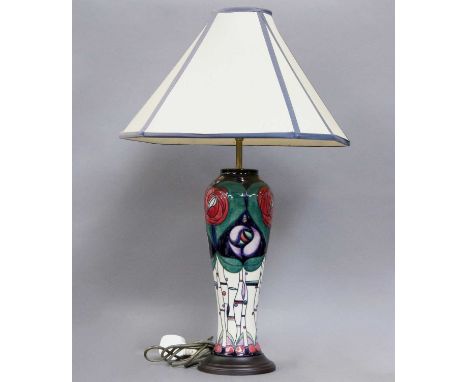 A Modern Moorcroft Baluster Lamp, Mackintosh pattern designed by Rachel Bishop, 52cm high incl. light fitting, with shade (a.