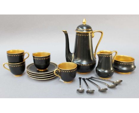 A Royal Worcester Part Coffee Service, black ground and gilt, together with a set of five silver and enamel demitasse spoonsO