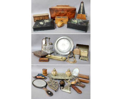 A Quantity of Assorted Metal Wares and Treen, including a Mauchlinware money box; lacquered papier mache match holder; a bras