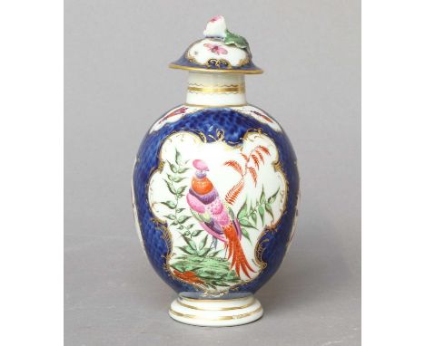 A Worcester Porcelain Tea Canister and Cover, circa 1775, of ovoid form, painted with exotic birds amongst foliage in panels 