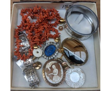 A Quantity of Jewellery, including a coral branch necklace; a 15 carat gold turquoise and split pearl ring; an enamel brooch,