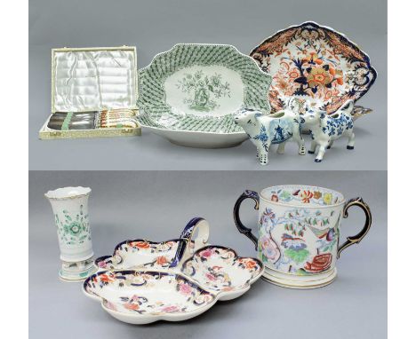 A Set of Royal Crown Derby Tea Knives; a pair of Derby dishes; a Meissen vase; and a Masons loving cup (two trays)