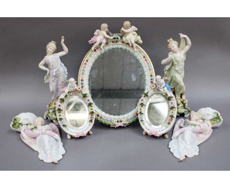 A Meissen Easel Back Mirror, late 19th century, together with a group of other porcelain including Sitzendorf , comprising a 